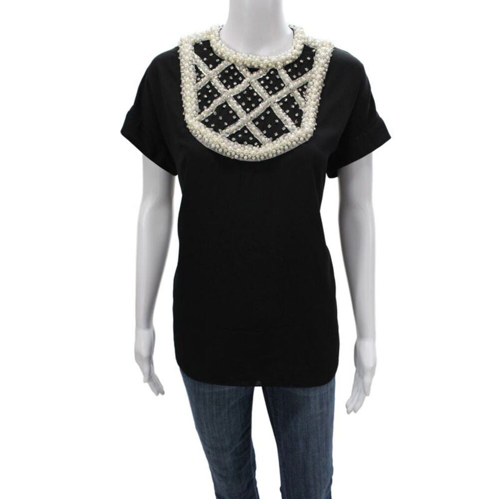 Edward Achour Womens Black Beaded Basic T-Shirt Short Sleeve Size 38